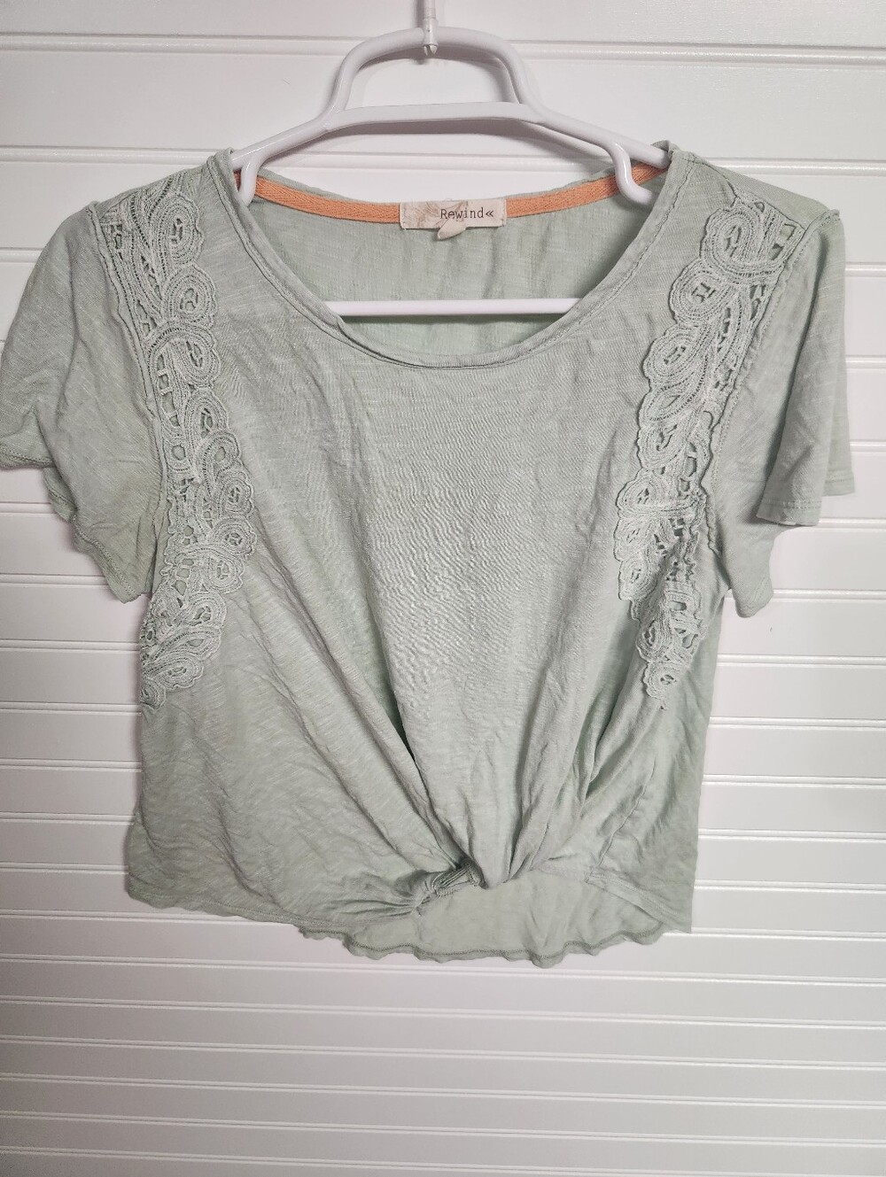 Rewind Womens medium  Mint Green short sleeve With Lace Overlay Front-knot Twist
